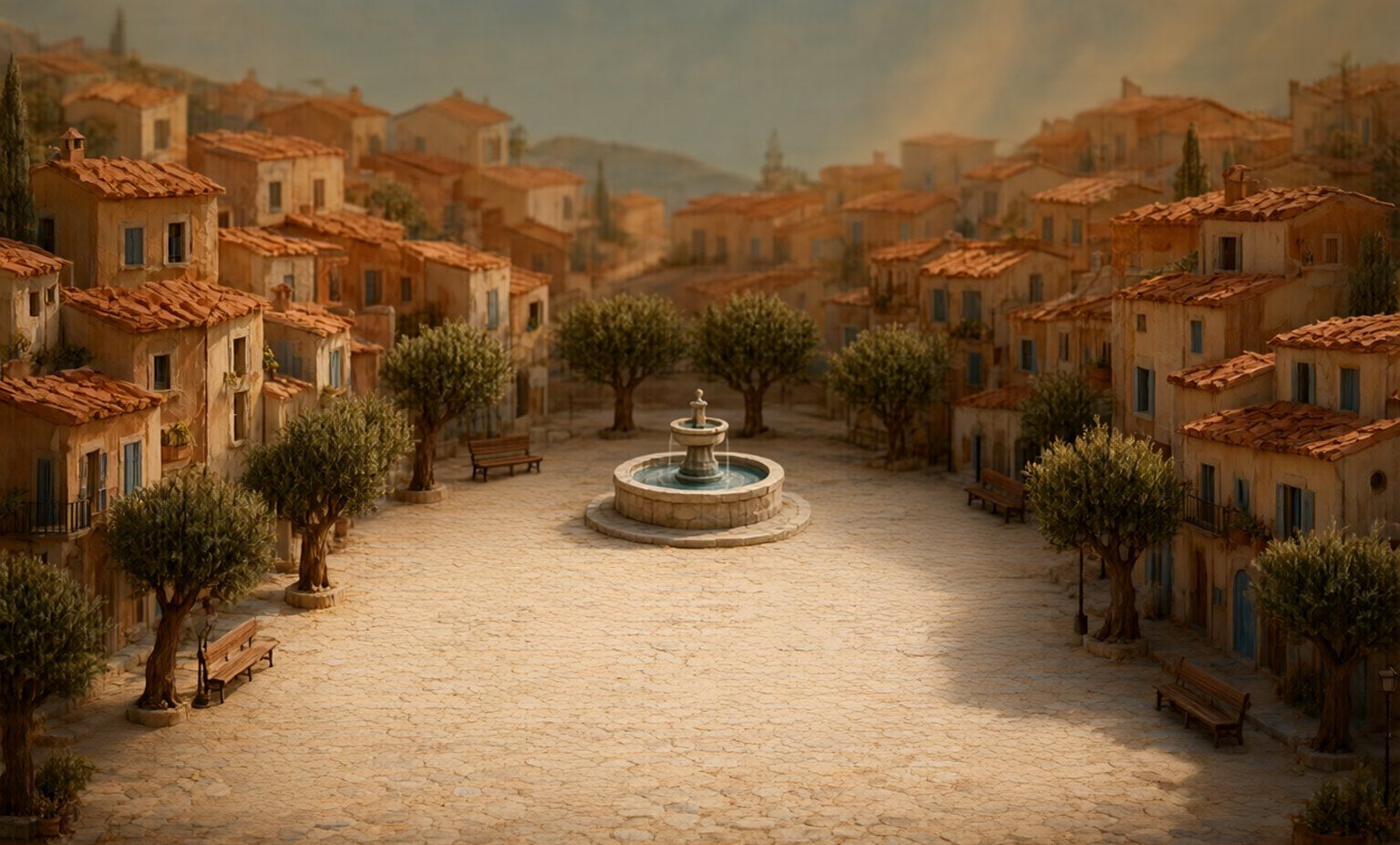 The fountain square, a sunlit plaza with olive trees around a stone fountain